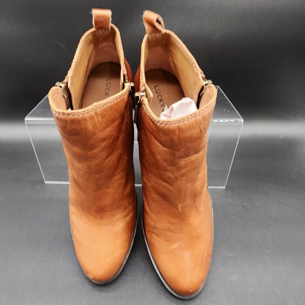 Lucky Brand 8M Brown Basel Leather Ankle Booties Western Boho Casual Block Heel